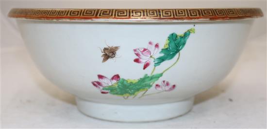 A Chinese famille rose basin, mid 19th century, diameter 29.5cm, short hairline crack to rim